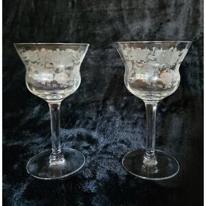 2 Vintage Glass Cocktail Etched Stemware Floral